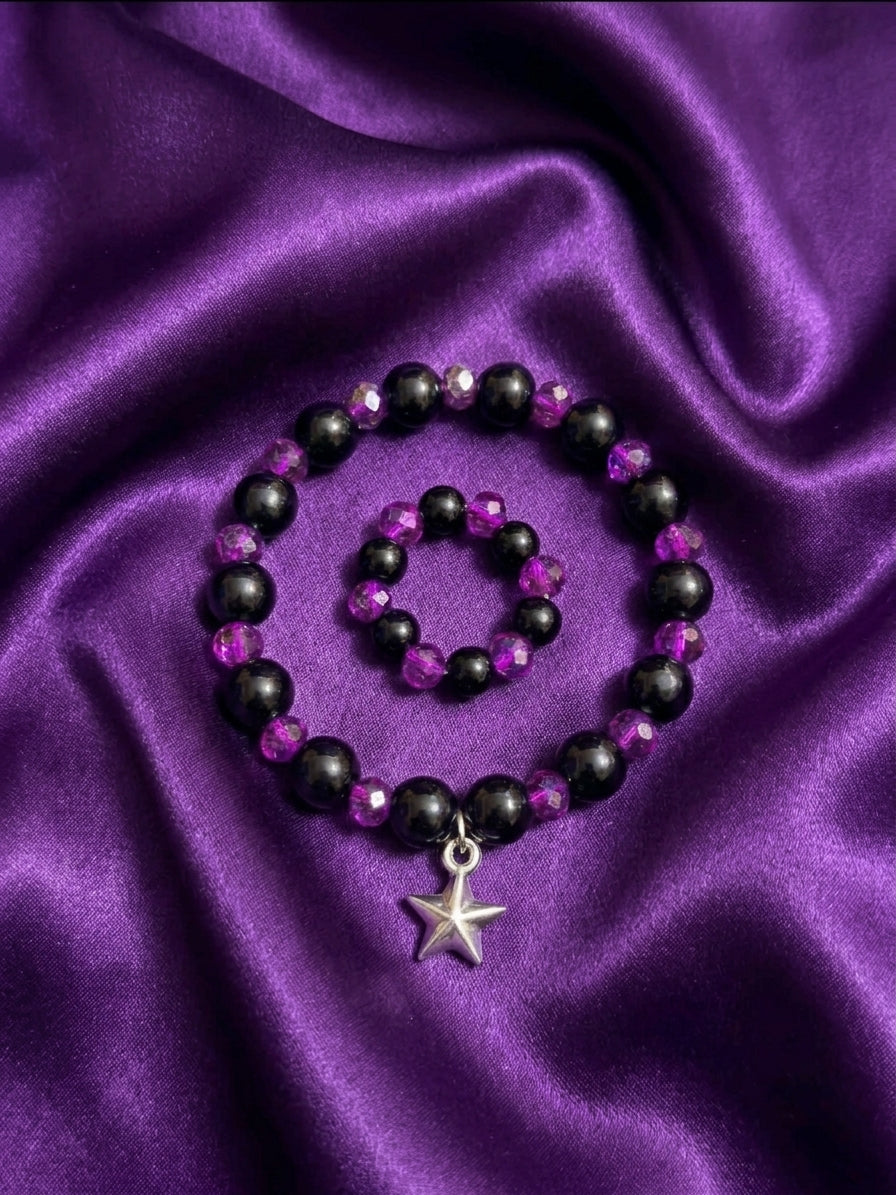 Handmade Black & Purple Beaded Bracelet with star charm