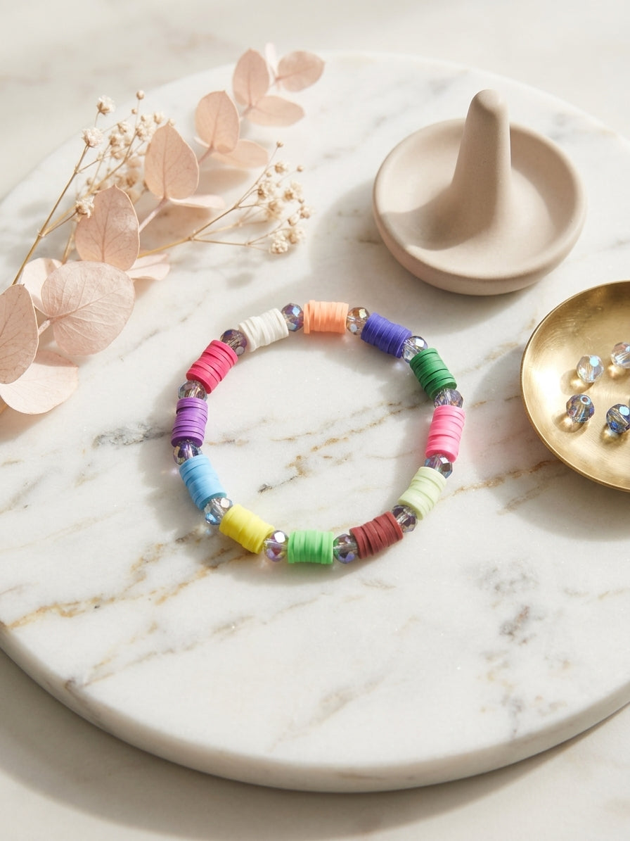 Handmade Rainbow Disc Bead Bracelet with Sparkling Accents