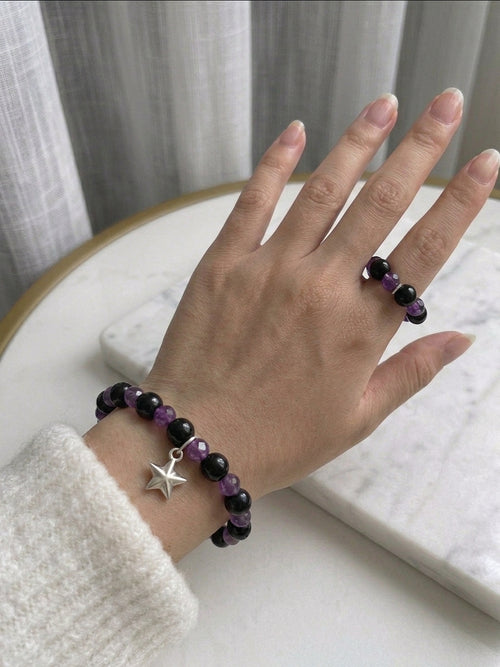 Handmade Black & Purple Beaded Bracelet with star charm