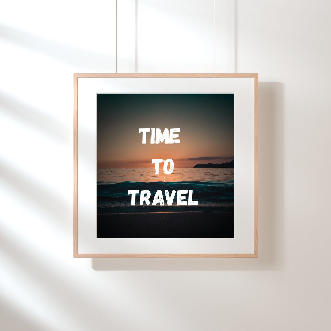 “Time to Travel – Framed Sunset Wall Art”.