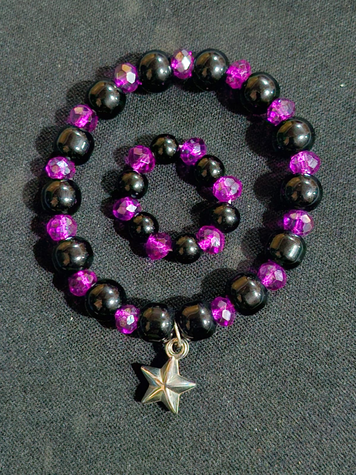 Handmade Black & Purple Beaded Bracelet with star charm
